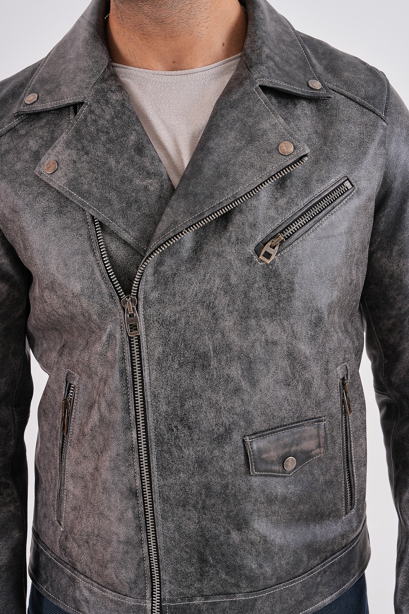 The Volt Textured Distressed Grey Leather Men Jacket - Image 4