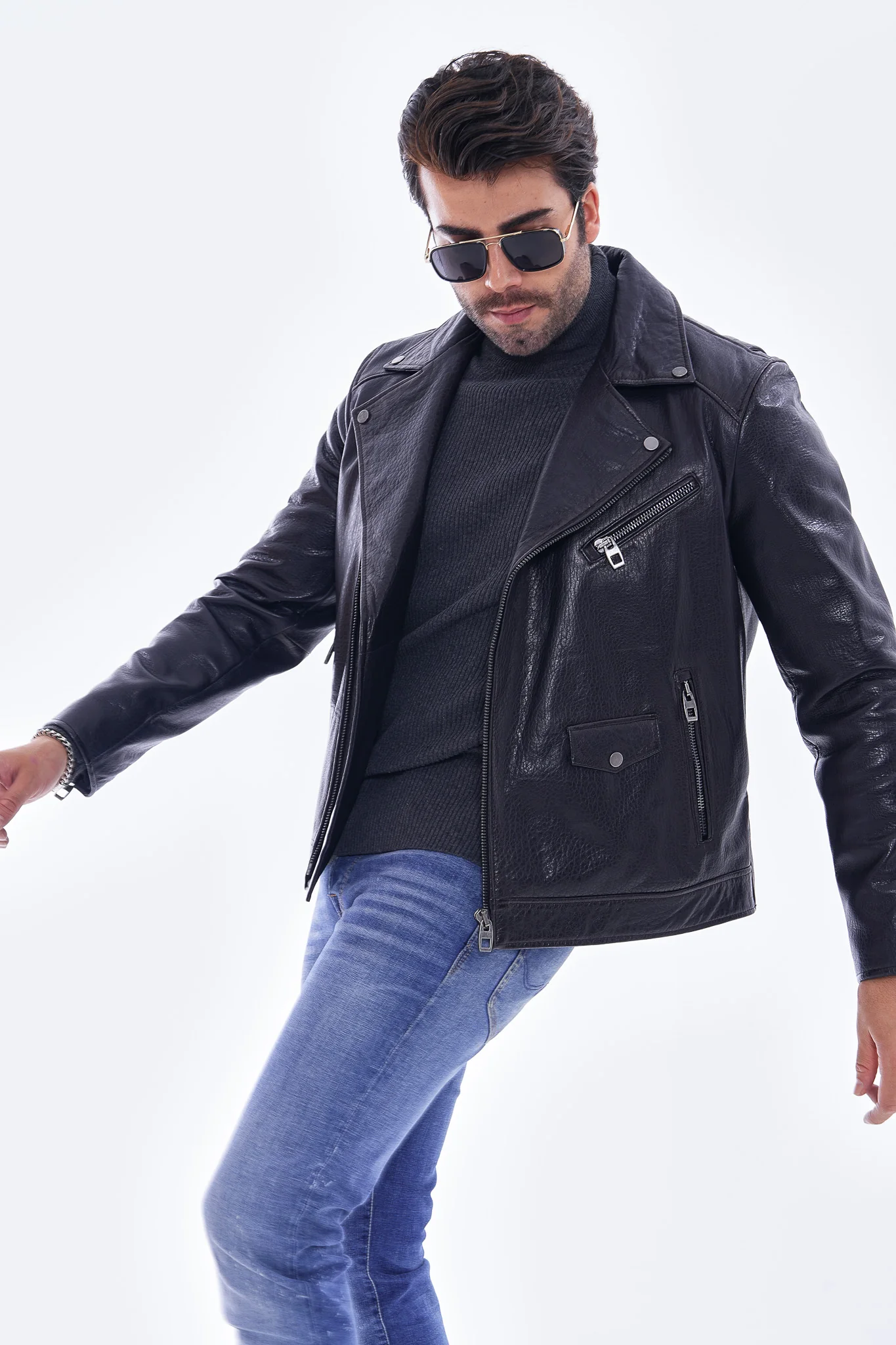 The Volt Textured Navy Blue Leather Men Jacket - Image 2