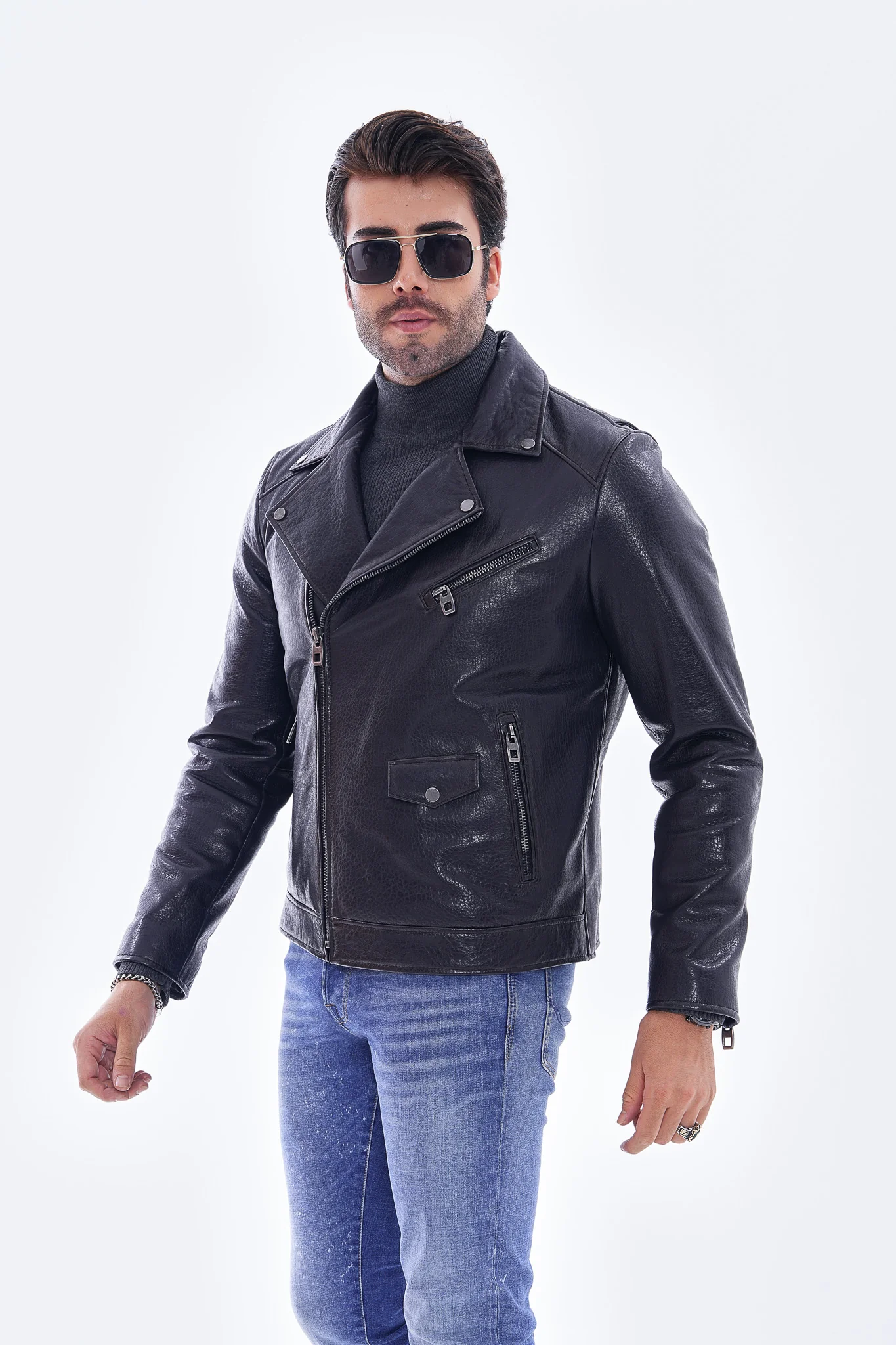The Volt Textured Navy Blue Leather Men Jacket - Image 8