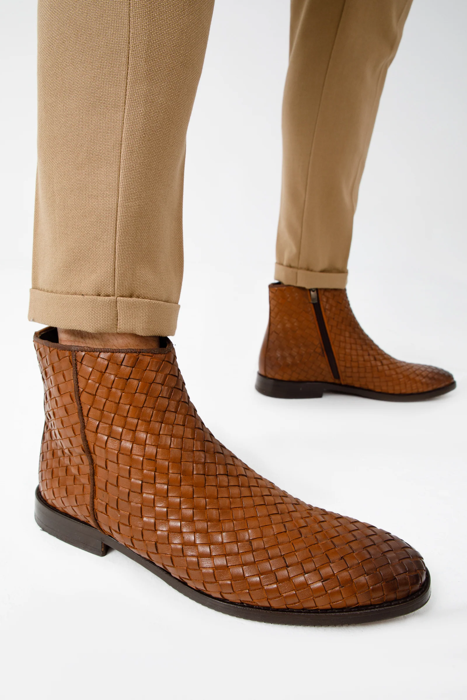 The Wellington Tan Handwoven Leather Men Boot with a Zipper Final Sale! - Image 15