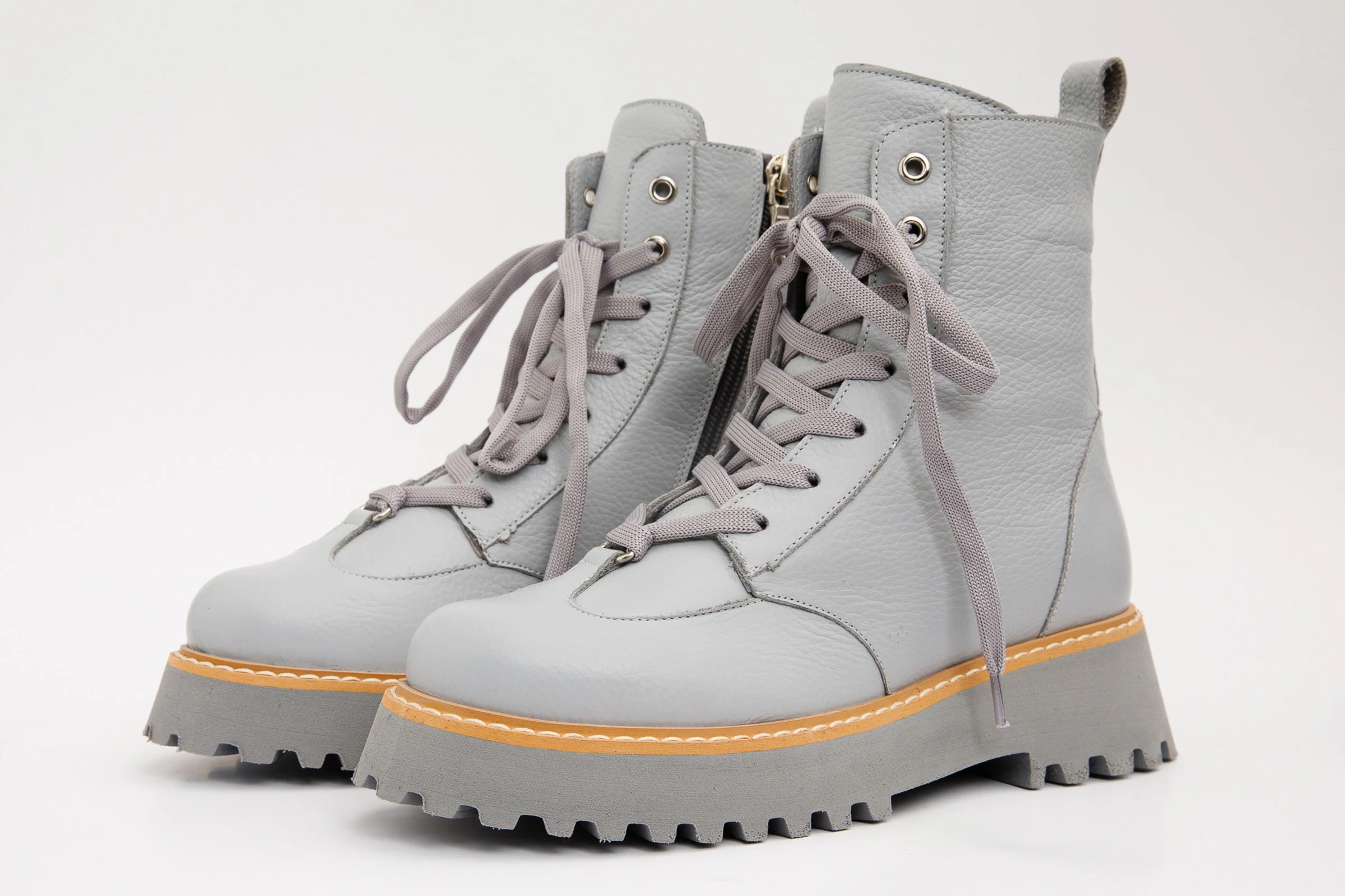 The Yildiz Grey Leather Lace-Up Ankle Women Boot With a Side Zipper - Image 3
