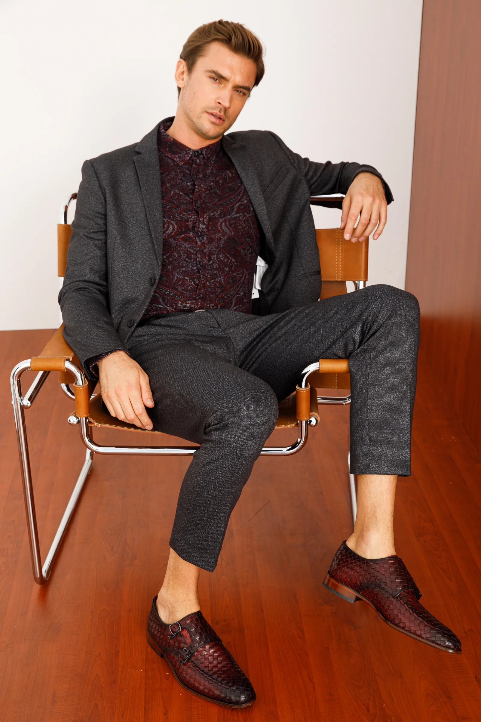 The Turan Burgundy Woven Double Monk Strap Dress Men Shoe - Image 8