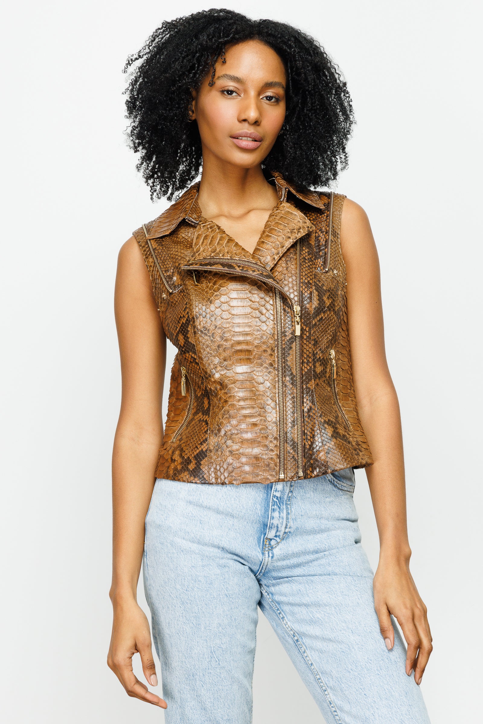 The Queen Pythn Skin Tan Leather Women Jacket - Image 3