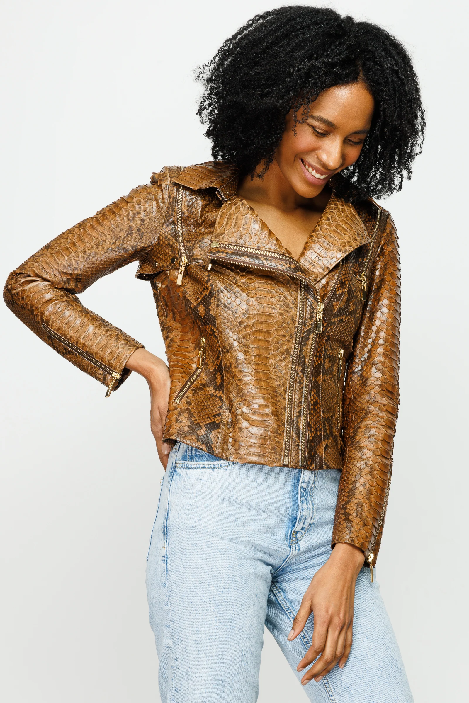 The Queen Pythn Skin Tan Leather Women Jacket - Image 5
